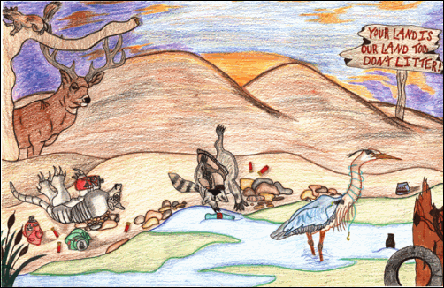 Third Place Award, 6 - 8th grade,Brent Dempsey, 8th grade,Ada.  Your Land Is Our Land Too. Don't Litter! Animal scene with creek and animals with trash all over their bodies. 