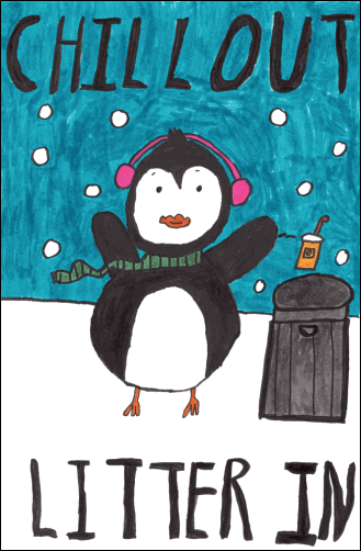 Second Place award, K - 2nd grade, Grace Parker, 2nd grade, Fort Gibson. Chill Out Litter In: Penguin wearing pink ear muffs and green scraf tossing trash into a trash can on a winters day.