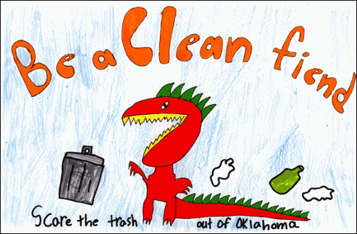 First Place award, K - 2nd grade, Isaiah Threatt, 1st grade, OKC. Be A Clean Fiend Scare The Trash Out Of Oklahoma: Red Dragon scaring trash.