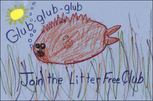 Third Place Award, K - 2nd grade, Kelton Youngblood,Kindergraten,Cement. Glub-Glub-Glub Join The Litter Free Club: Red Fish swimming on a sunny Day through dirty water.