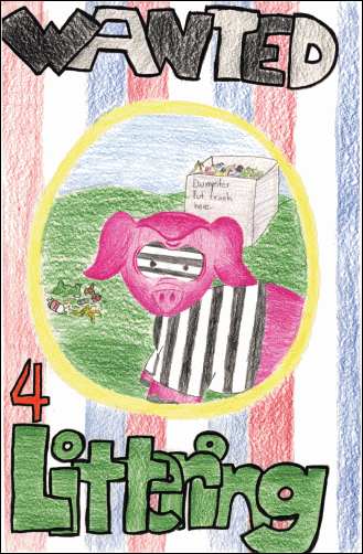 Second Place award, 3 - 5th grade, Vivian Diep, 5th grade, OKC. Wanted 4 Littering: Pink Ping wearing Black and white stripe mask and shirt standing beside trash on ground next to a trash box.
