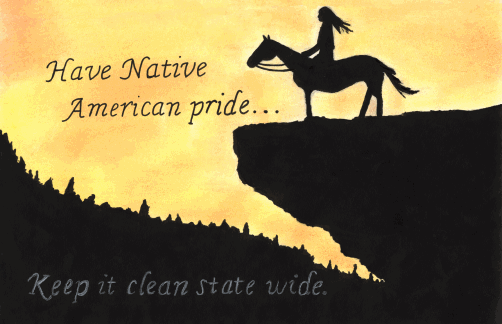 Native American silhouetted on a horse on a hill overlooking the black mountains against a yellowing sky with the words Have Native American Pride, Keep It Clean Statewide displayed on the poster.
