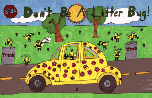 A yellow VW Beetle with red flowers on it against a green and blue background with the words Don't Be a Litter Bug on the poster.
