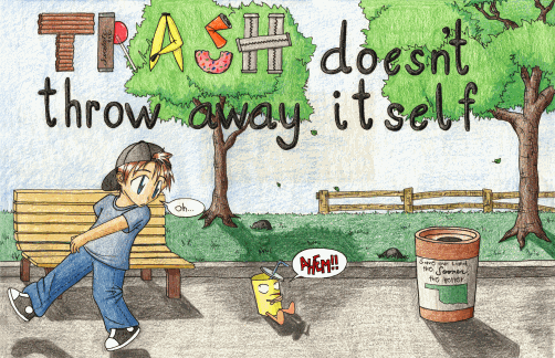 A boy sitting on a park bench looking at a piece of trash on the ground with a trash can near it and the words TRASH doesn't throw away itself on the poster.