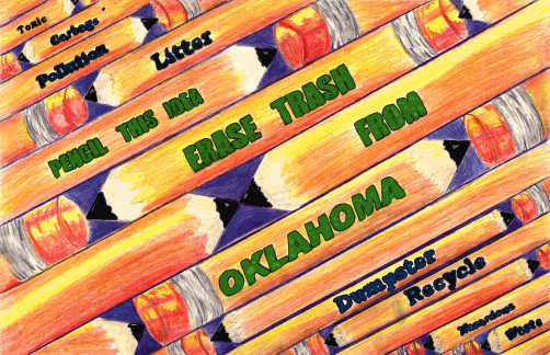 Yellow and red pencils arranged diagonally with the words pencil this idea erase trash from Oklahoma engraved into the pencils.