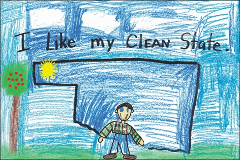 A boy standing in front of an ouline of the state of Oklahoma showing no trash in the state with the slogan 'I Like my Clean State' in the picture