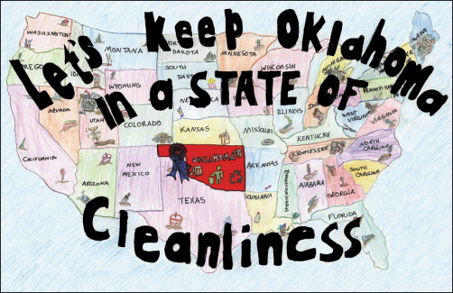 A map of the United States showing al th estate and Oklahoma in red with a Blue Ribbon on it and the slogan 'Let’s Keep Oklahoma in a STATE of Cleanliness' on the picture