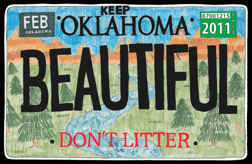 An Oklahoma license plate with the slogan 'KEEP OKLAHOMA BEAUTIFUL DON’T LITTER'