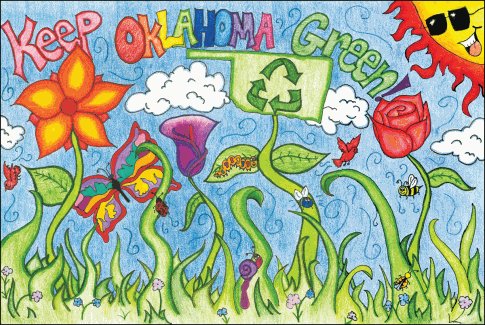 A garden of flowers, one flower in the shaoe of the state of Oklahoma with the recycle symbol in it and the slogan 'Keep Oklahoma Green'