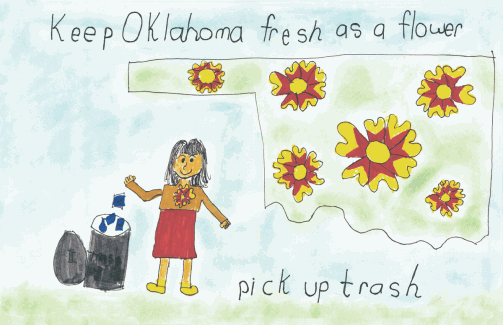The shape of the state of Oklahoma with the state flower in it, a girl dropping trash inot a trash can and the slogan 'Keep Oklahoma fresh as a flower pick up trash' on the picture