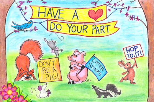 child's art of a squirrel, mouse, blue jay, rat, pig, skunk and rabbit holding signs promoting keeping Oklahoma highways clean of trash