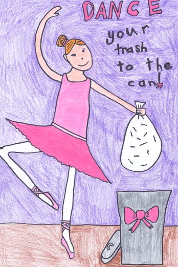 child's art of a ballerina putting trash into a trash can, promoting keeping Oklahoma highways clean of trash