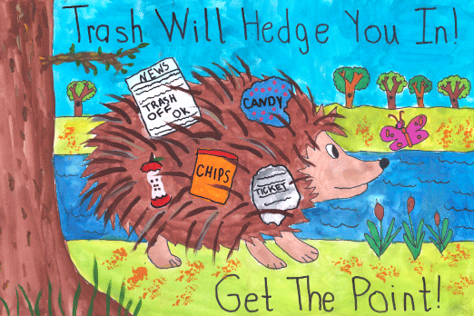child's art of a hedgehog covered with trash, pomoting keeping Oklahoma highways clean of trash