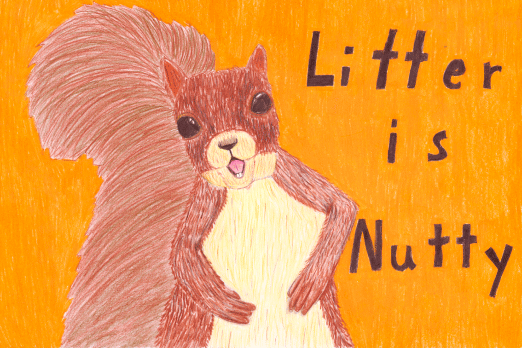 child's art of a squirrel saying litter is nutty, promoting keeping Oklahoma highways clean of trash