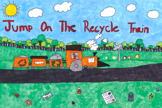 child's art of a choo-choo train going by trash, pomoting keeping Oklahoma highways clean of trash