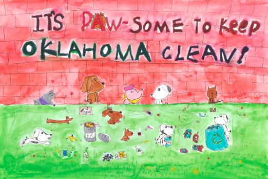 child's art of cats, dogs, and a pig promoting keeping Oklahoma highways clean of trash
